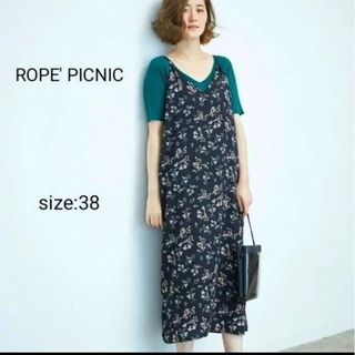 ロペピクニック(Rope' Picnic)の花柄 キャミソールワンピ―ス　サロペットスカート　紐リボン　重ね着　黒　38　M(ロングワンピース/マキシワンピース)