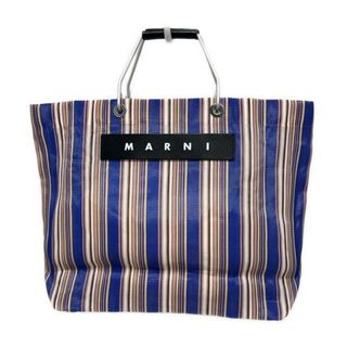 マルニ(MARNI)のMARNI(マルニ) トートバッグ美品  フラワーカフェショッピングトートバッグ ネイビー×白×マルチ ストライプ レザー(トートバッグ)