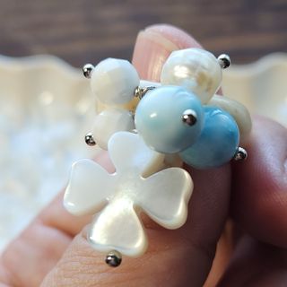 handmade ラリマー 淡水パール クローバー リング