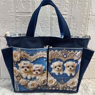 【ハンドメイド】♡デニムデコマルチーズちゃん柄♡ポケット沢山お散歩バッグ