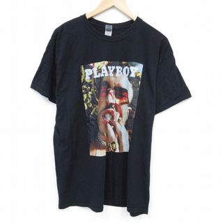 XL★古着 半袖 Tシャツ メンズ プレイボーイ PLAY BOY コットン クルーネック 黒 ブラック 25jul28 中古(Tシャツ/カットソー(半袖/袖なし))