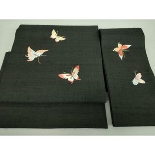 平和屋着物●つけ帯　紬地　総刺繍　舞蝶文　黒地　金糸　正絹　逸品　未使用　DAAV6082ps(帯)