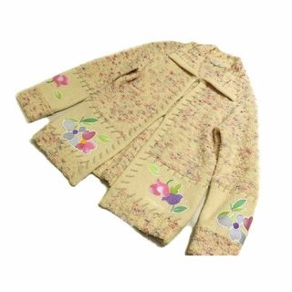 D19 美品 LEONARD レオナール レディース ニット ジャケット カーディガン ◇ 42 カシミヤ混 ウール フラワー刺繍 アイボリー系等 ▼7G (カーディガン)