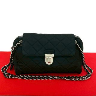プラダ(PRADA)のほぼ未使用 PRADA プラダ ロゴ 金具 キルティング ナイロン チェーン セミ ショルダーバッグ ポシェット サコッシュ ブラック 17187(ショルダーバッグ)