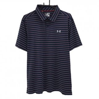 【超美品】アンダーアーマー 半袖ポロシャツ ネイビー×レッド×白 ボーダー ヒートギア メンズ 2XL/2TG/2XL ゴルフウェア UNDER ARMOUR