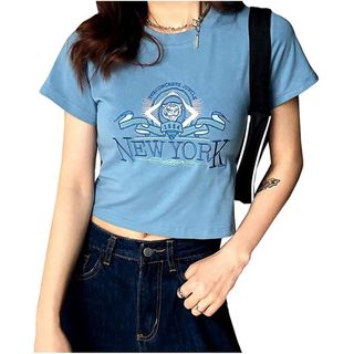 Tシャツ クロップド XL 虎 トラ タイガー NY ロゴ 水色 青 半袖(カットソー(半袖/袖なし))