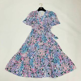 ケイトスペードニューヨーク(kate spade NEW YORK)のケイトスペード　半袖ワンピース　Aライン　ロング丈　 フラワー　総柄　ベルト付き(ロングワンピース/マキシワンピース)