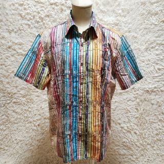 ポールスミス(Paul Smith)の希少　ポールスミス　半袖デザインシャツ　マルチストライプ　背表紙　総柄　転写　L(シャツ)