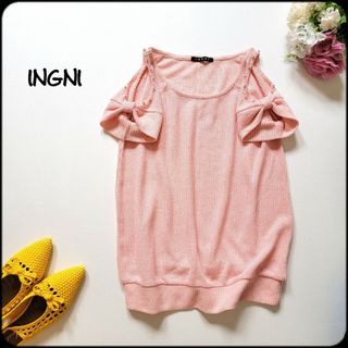 イング(INGNI)のイング●美品/ビジュー装飾♪リボン袖ショルダーカットアウトサマーニット/ピンク(カットソー(半袖/袖なし))