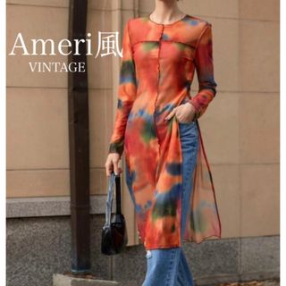 アメリヴィンテージ(Ameri VINTAGE)の再販♡新品未使用！Ameri風　絞り染め　シースルーロングワンピース　オレンジ(ロングワンピース/マキシワンピース)