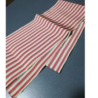 袴用　一重　半巾帯　ユーズド難あり　朱色×グレー×アイボリーの縞　難あり