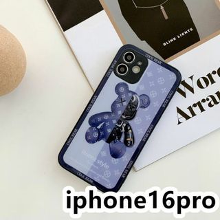 iphone16proケース 可愛い 熊 ガラス  軽量 ブルー492(その他)