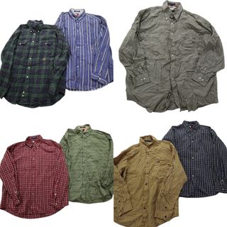 古着卸 まとめ売り 90s オールド トミーヒルフィガー 長袖シャツ 7枚セット (メンズ XL /2XL ) フラッグタグ ストライプ 中古 古着 NB4261(シャツ)