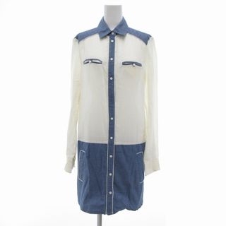 ラコステ(LACOSTE)のラコステ LACOSTE シャツワンピース シルク混 長袖 38 白 青(ひざ丈ワンピース)