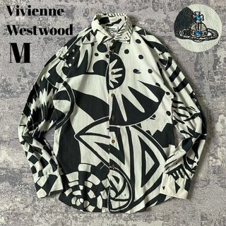 【美品】ヴィヴィアンウエストウッド 長袖シャツ オーブ刺繍ロゴ 総柄 黒 白 M