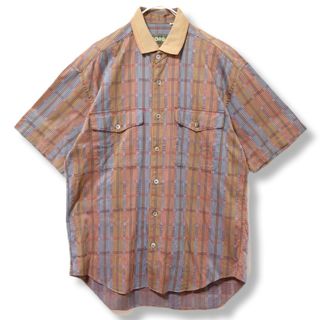 【BORG】　半袖　シャツ　ベージュ　メンズ　古着　総柄　チェック　アンティーク
