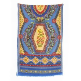 エトロ(ETRO)のETRO スカーフ ウール シルク混 絹 フリンジ オリエンタル 花柄 ロゴ 青(ストール/パシュミナ)
