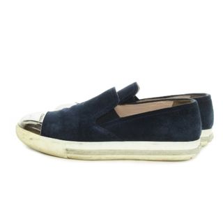 ミュウミュウ(MIU MIU)のミュウミュウ スリッポン メタルトゥ スエード ロゴ 36 23cm 紺(スニーカー)