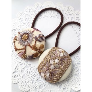 インド刺繍 くるみボタン38㎜ ヘアゴム 2個セット J