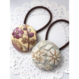 インド刺繍 くるみボタン38㎜ ヘアゴム 2個セット K