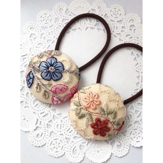 インド刺繍 くるみボタン38㎜ ヘアゴム 2個セット L