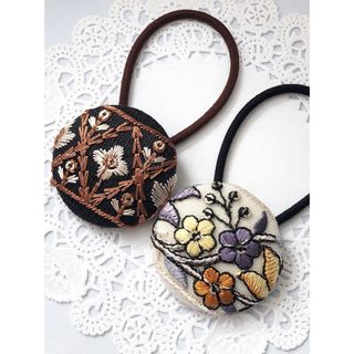 インド刺繍 くるみボタン38㎜ ヘアゴム 2個セット M