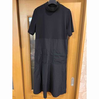 #黒のポケット付き半袖Aライン切り替えニットハイネックワンピース#M〜L(ロングワンピース/マキシワンピース)