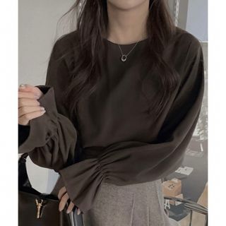 レディース トップス 韓国風 チャコールグレー ブラウン 長袖 秋 スリーブ(カットソー(長袖/七分))
