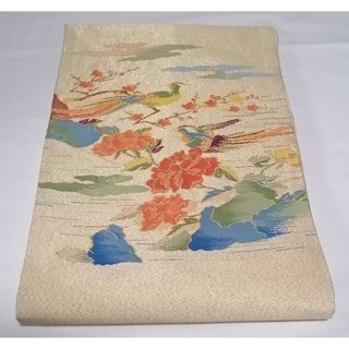 名古屋帯　正絹　金糸　尾長鳥　上品　高級品　(帯)