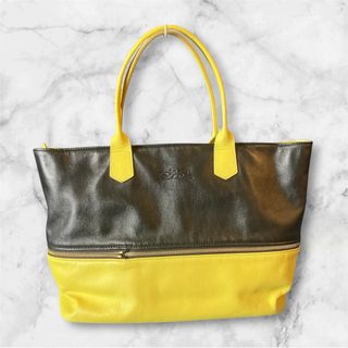 ロンシャン(LONGCHAMP)の【希少】LONGCHAMP 黒と黄色のトートバッグ　オールレザー　サイズ変わる(トートバッグ)