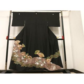 平和屋着物■豪華黒留袖　作家物　駒刺繍　扇面花鳥文　金彩　正絹　逸品　AAAX9622ph(着物)