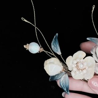 瑠璃花蝋梅花青葉　白青金色髪飾り　花見花火　ヘアピン　結婚式成人式　着物浴衣漢服(ヘアアクセサリー)