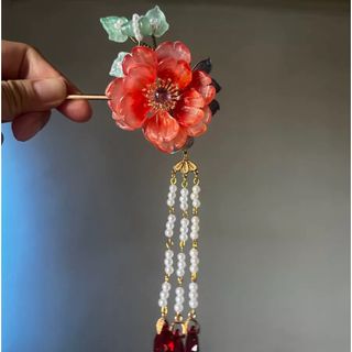 瑠璃花芙蓉花瓢箪葉流蘇簪　白赤緑金色髪飾り　かんざし　結婚式　着物和服浴衣漢服