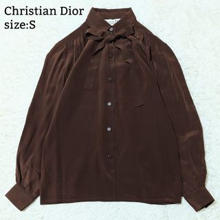 クリスチャンディオール(Christian Dior)の希少◎クリスチャンディオール シルク100% ボウタイブラウス 長袖 茶 S(シャツ/ブラウス(長袖/七分))