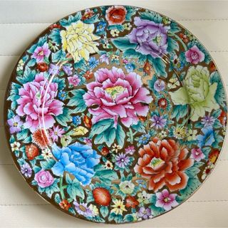 中国古美術　中国制造　色絵金彩　花絵　飾り皿　陶器　大皿　金花詰め　金襴手(食器)