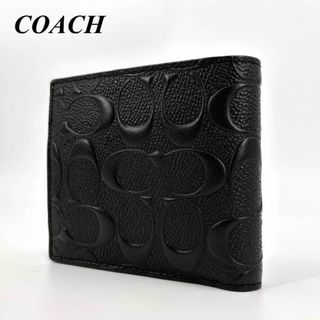 コーチ(COACH)の未使用級 COACH コーチ ２つ折り財布 シグネチャー ブラック レザー(折り財布)