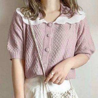 GRL - GRL プリーツ襟付きダイヤ柄網ニットトップス ピンク Mサイズ ac2142