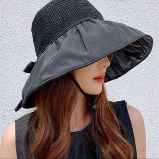 つば広ハット レディース ブラック 黒 折りたたみ　バックリボン 日焼け対策(麦わら帽子/ストローハット)