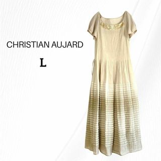 クリスチャンオジャール(CHRISTIAN AUJARD)のクリスチャンオジャール ロングワンピース　半袖　ビジュー装飾　L　ベージュ(ロングワンピース/マキシワンピース)