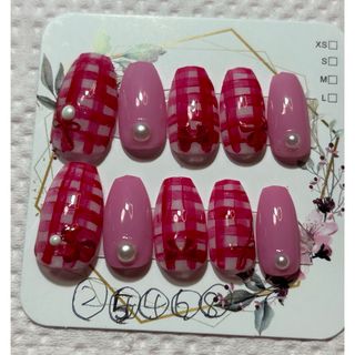 ネイルチップ 赤チェック リボン ハンドメイド 10本セット