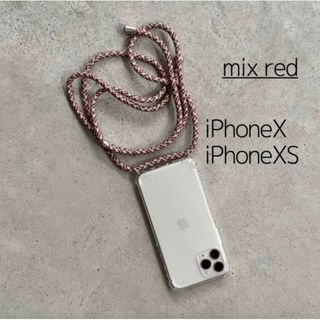 新品｜ショルダーストラップボディフォンケース 赤 iPhoneX XS ボーダー(iPhoneケース)