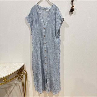 ザラ(ZARA)のZARA ロングワンピース ノースリーブ ストライプ　コットン　ブルー系(ロングワンピース/マキシワンピース)