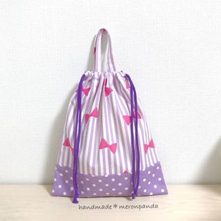 リボン&ストライプパープル 体操着袋(内側ネームタグ付き)