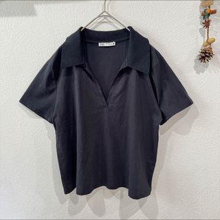 ザラ(ZARA)のZARA シャツ リブ襟 綿100% トップス　ブラック M(シャツ/ブラウス(半袖/袖なし))