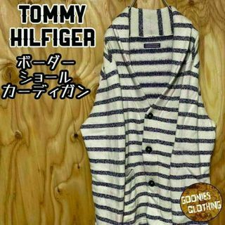 トミーヒルフィガー(TOMMY HILFIGER)のトミーヒルフィガー ボーダー ショール カーディガン ホワイト 袖ロゴ(カーディガン)