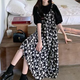 新品 花柄ロング半袖シャツワンピース 黒トップス(ロングワンピース/マキシワンピース)
