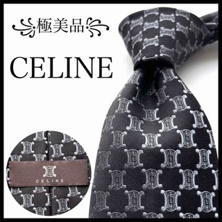 セリーヌ(CELINE)の꧁極美品꧂ セリーヌ ネクタイ マカダム トリオンフ ロゴグラム ブラック 光沢(ネクタイ)