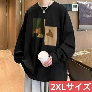 メンズロンTトップスシカ（ブラック/2XLサイズ）春秋レトロロゴ長袖Ｔシャツ洋服(Tシャツ/カットソー(七分/長袖))