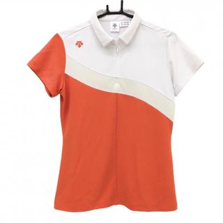 デサント(DESCENTE)の【超美品】デサントゴルフ 半袖ポロシャツ オレンジ系×白 ハーフジップ 3トーンカラー 中田英寿 レディース L ゴルフウェア DESCENTE(ウエア)
