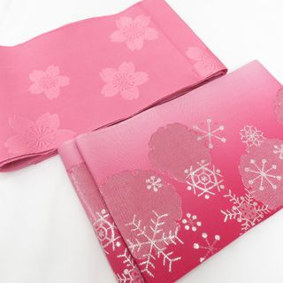 半幅帯 2本セット ポリエステル ピンク×桜・ピンクグラデーション×雪輪 雪の結晶 単衣帯 半巾帯 細帯 洗える 仕立て上がり(浴衣帯)